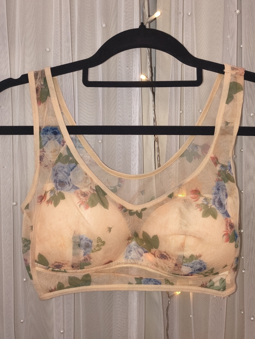 Floral Mesh Sheer Bralette Crop Top Nude Blue Roses S/M